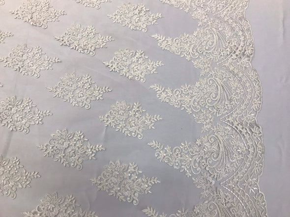Ivory floral design embroidery on a mesh lace with cord-dresses-fashion-prom-nightgown-apparel-sold by the yard-free shipping in the usa-