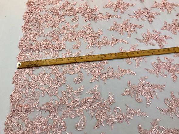 Pink floral design embroidery on a mesh lace with sequins and cord-dresses-fashion-prom-nightgown-sold by the yard-free shipping in the USA.
