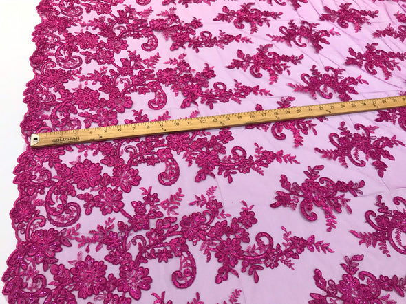 Fuchsia floral design embroidery on a mesh lace with sequins and cord-dresses-fashion-prom-nightgown-sold by the yard-free shipping in USA-