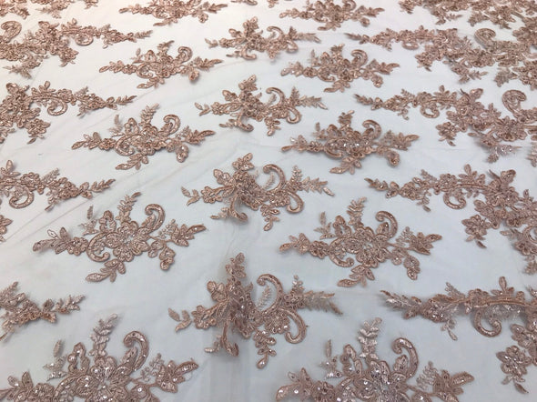 Nude floral design embroidery on a mesh lace with sequins and cord-dresses-fashion-prom-nightgown-sold by the yard-free shipping in the USA-