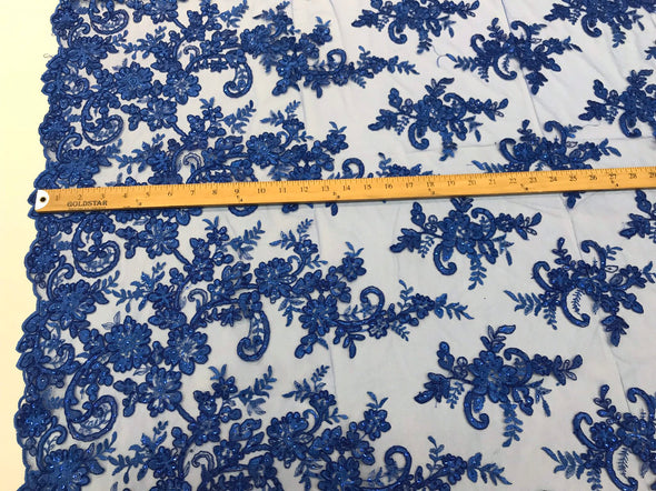 Royal blue floral design embroidery on a mesh lace with sequins and cord-dresses-fashion-prom-nightgown-sold by the yard-free shipping USA-