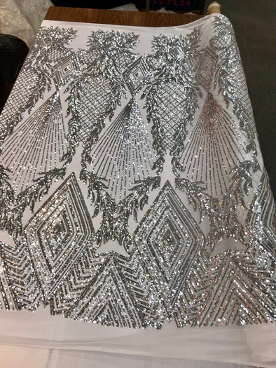 Silver-white geometric diamond design with shiny sequins on a 4 way stretch mesh-dresses-prom-nightgown-sold by the yard-free shipping in US