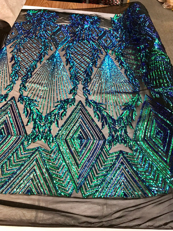 Green iridescent geometric diamond design with shiny sequins on a 4 way stretch black mesh-dresses-prom-nightgown-sold by the yard-