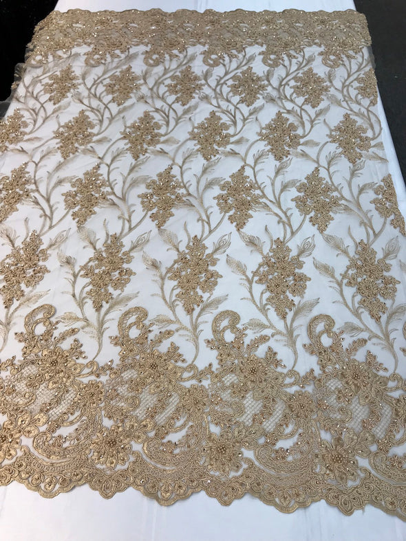 Gold hand beaded vine design embroidery with flowers on a mesh lace-sold by the yard-free shipping in the USA