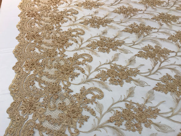 Gold hand beaded vine design embroidery with flowers on a mesh lace-sold by the yard-free shipping in the USA
