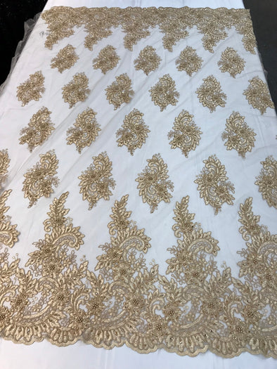 Gold hand beaded flower design embroidery on a mesh lace-prom-nightgown-sold by the yard-free shipping in the USA-