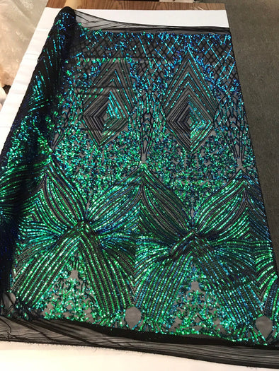 Green geometric diamond design with shiny iridescent sequins on a black 4 way stretch mesh-dresses-prom-nightgown-sold by the yard.
