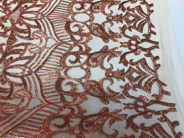 Copper iridescent sequin royalty design embroidery on a nude 4 way stretch mesh-prom-nightgown-sold by the yard-free shipping in the USA-