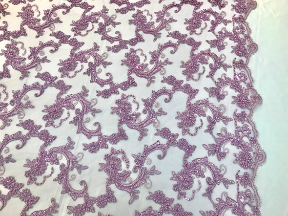 Lavender heavy beaded floral design embroidery on a mesh lace-prom-nightgown-sold by the yard-free shipping in the USA-