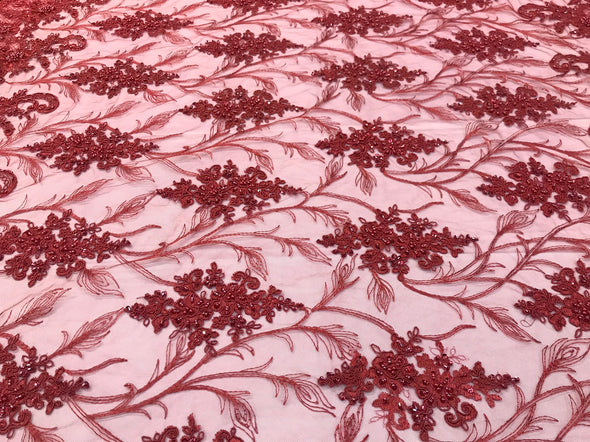 Burgundy hand beaded vine design embroidery flowers on a mesh lace-sold by the yard-free shipping in the USA-
