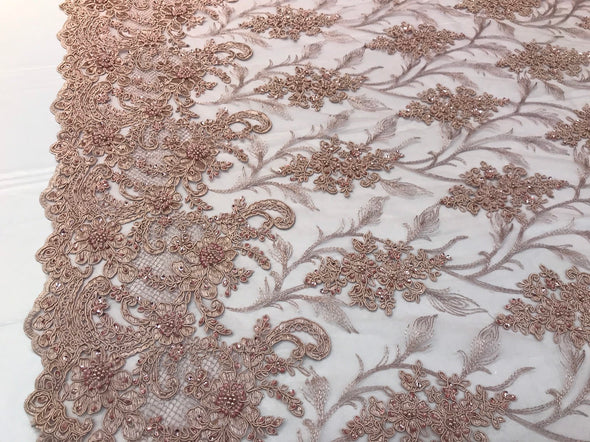 Dusty rose hand beaded vine design embroidery with flowers on a mesh lace-sold by the yard-free shipping in the USA.