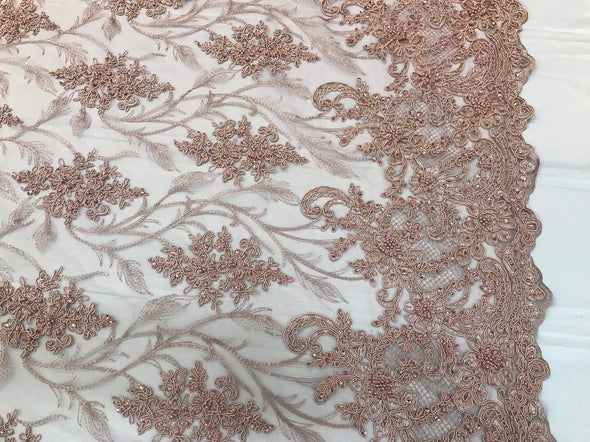 Dusty rose hand beaded vine design embroidery with flowers on a mesh lace-sold by the yard-free shipping in the USA.