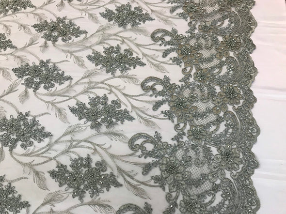 Gray hand beaded vine design embroidery with flowers on a mesh lace-sold by the yard-free shipping in the USA.
