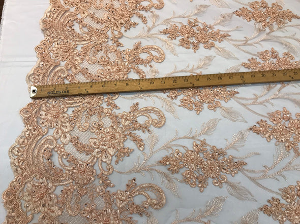 Peach hand beaded vine design embroidery with flowers on a mesh lace-Sold by the yard.