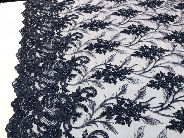 Navy blue hand beaded vine design embroidery with flowers on a mesh lace-sold by the yard-free shipping in the USA-