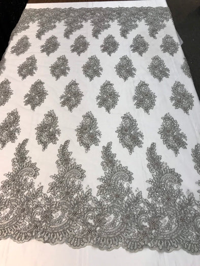 Silver hand beaded flower design embroidery on a mesh lace-prom-nightgown-sold by the yard-free shipping in the USA-