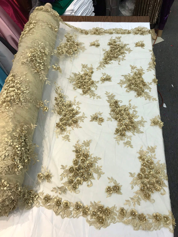 Gold metallic 3d floral design embroidery and beaded with rhinestones on a mesh lace-prom-nightgown-sold by the yard-free shipping in the US