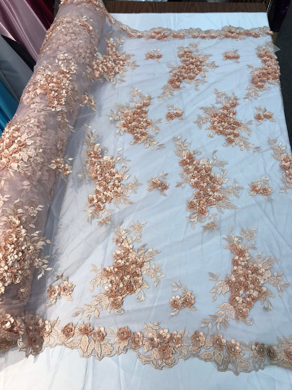 Light peach 3d floral design embroidery and beaded with rhinestones on a mesh lace-prom-nightgown-sold by the yard-free shipping in the USA