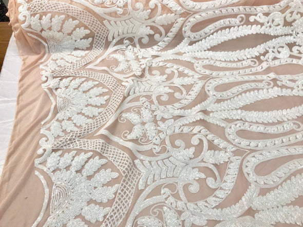 White sequin damask design  embroidery on a blush nude 4 way stretch mesh-prom-nightgown-sold by the yard-free shipping in the USA-