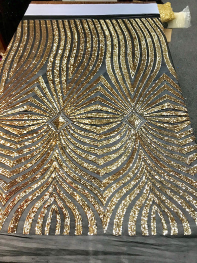 Gold geometric diamond design with shiny sequins on a black 4 way stretch mesh-prom-nightgown-sold by the yard-free shipping in the USA-