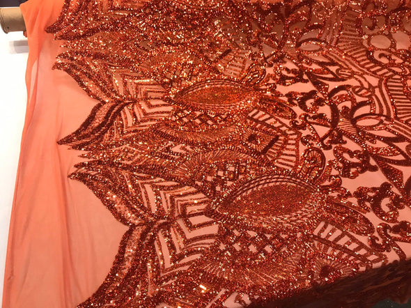 Burn orange iridescent shiny sequin royalty design embroidery on a 4 way stretch mesh-prom-nightgown-sold by the yard-free shipping in USA.