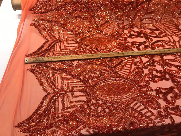 Burn orange iridescent shiny sequin royalty design embroidery on a 4 way stretch mesh-prom-nightgown-sold by the yard-free shipping in USA.