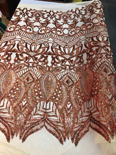Copper iridescent sequin royalty design embroidery on a nude 4 way stretch mesh-prom-nightgown-sold by the yard-free shipping in the USA-