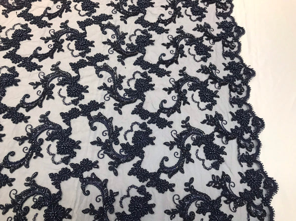 Navy blue heavy beaded floral design embroidery on a mesh lace-prom-nightgown-sold by the yard-free shipping in the USA-