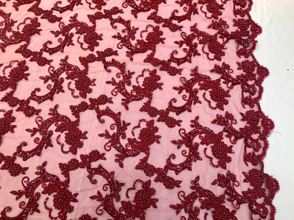 Burgundy heavy beaded floral design embroidery on a mesh lace-prom-nightgown-sold by the yard-free shipping in the USA-