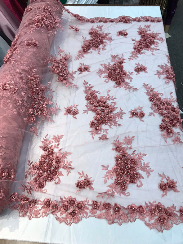Dusty rose 3d floral design embroidery and beaded with rhinestones on a mesh lace-prom-nightgown-sold by the yard-free shipping in the USA-
