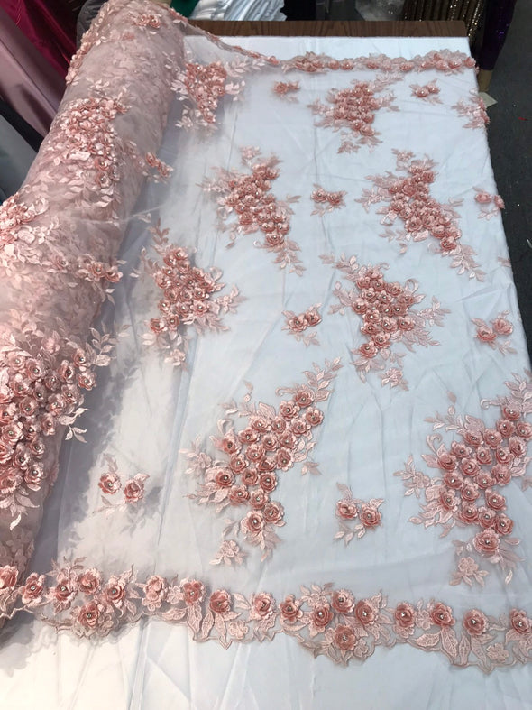 Blush pink 3d floral design embroidery and beaded with rhinestones on a mesh lace-prom-nightgown-sold by the yard-free shipping in the USA