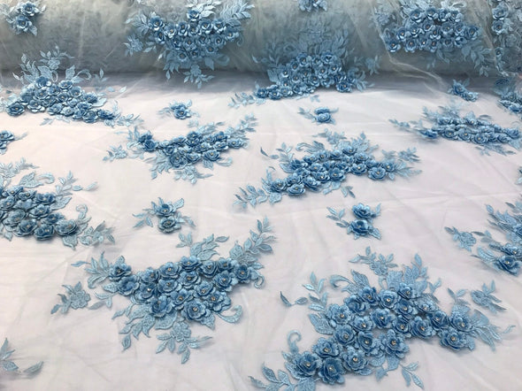 Light blue 3d floral design embroidery and beaded with rhinestones on a mesh lace-prom-nightgown-sold by the yard-free shipping in the USA