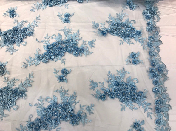 Light blue 3d floral design embroidery and beaded with rhinestones on a mesh lace-prom-nightgown-sold by the yard-free shipping in the USA