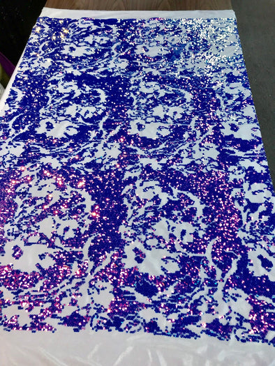 Purple-royal blue iridescent sequins on a 4 way stretch white velvet-prom-nightgown-sold by the yard-free shipping in the USA-