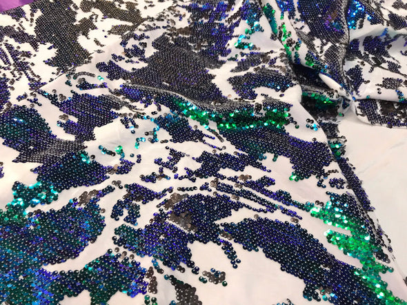Green-black iridescent sequins on a 4 way stretch white velvet-prom-nightgown-sold by the yard-free shipping in the USA-