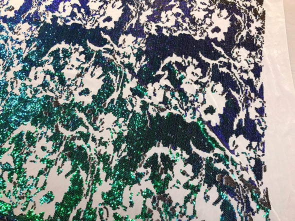 Green-black iridescent sequins on a 4 way stretch white velvet-prom-nightgown-sold by the yard-free shipping in the USA-