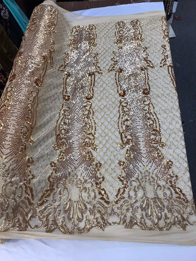 Gold glitter sequin damask design on a 4 way stretch gold mesh lace-prom-nightgown-sold by the yard-free shipping in the USA-