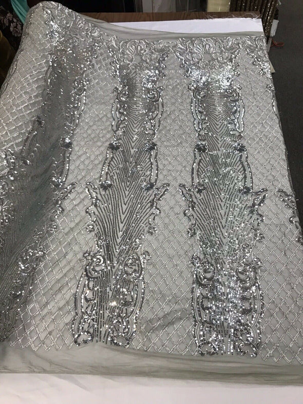 Shiny glitter sequins damask design embroidery on a 4 way stretch mesh-prom-nightgown-sold by the yard-free shipping in the usa.