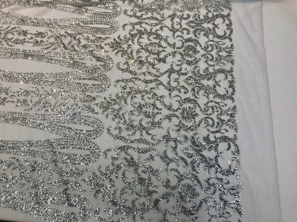 Silver shiny glitter damask design on a mesh lace-dresses-fashion-apparel-prom-nightgown-decorations-sold by the yard.