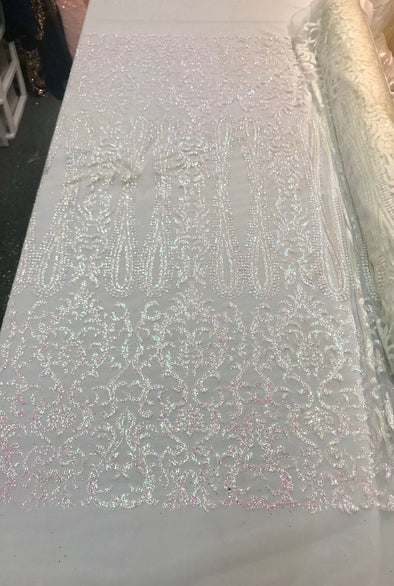 White Iridescent glitter damask design on a mesh lace-dresses-fashion-decorations-prom-nightgown-sold by the yard.