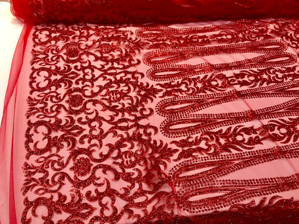Red shiny glitter damask design on a mesh lace-dresses-fashion-apparel-prom-nightgown-decorations-sold by the yard.