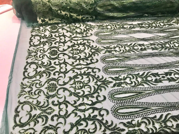 Hunter green shiny glitter damask design on a mesh lace-dresses-fashion-apparel-prom-nightgown-decorations-sold by the yard.