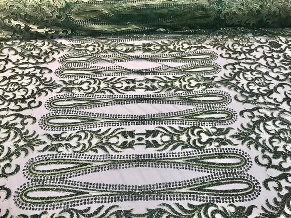 Hunter green shiny glitter damask design on a mesh lace-dresses-fashion-apparel-prom-nightgown-decorations-sold by the yard.