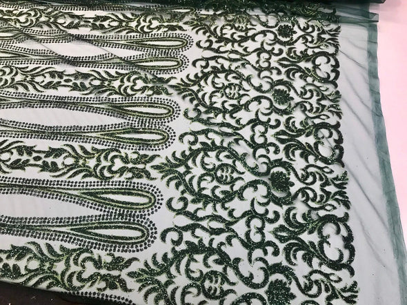 Hunter green shiny glitter damask design on a mesh lace-dresses-fashion-apparel-prom-nightgown-decorations-sold by the yard.