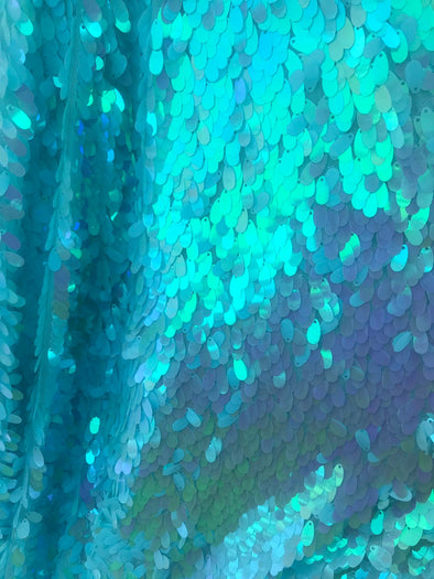 Aqua iridescent teardrop sequin design on a mesh-prom-nightgown-decorations-sold by the yard-free shipping in the USA-