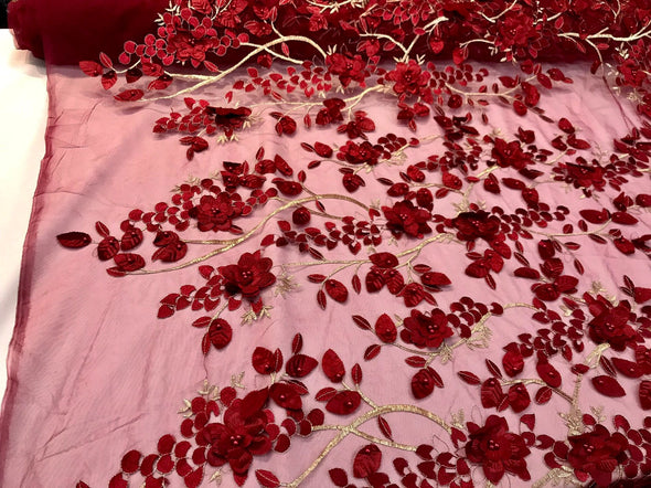 Burgundy 3d floral design embroidery with pearls & metallic tread on a mesh lace-prom-nightgown-sold by the yard-free shipping in the USA.