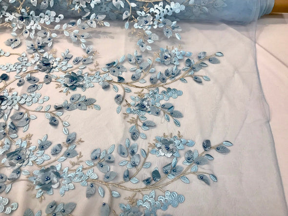 Light blue 3d floral design embroidery with pearls & metallic tread on a mesh lace-prom-nightgown-sold by the yard-free shipping in the USA.
