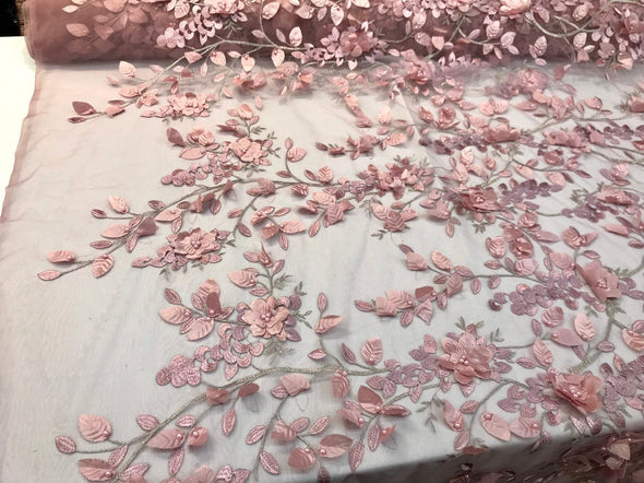 Dusty rose 3d floral design embroidery with pearls & metallic tread on a mesh lace-prom-nightgown-sold by the yard-free shipping in the USA.