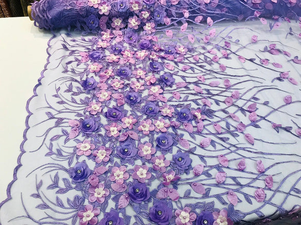 Lavender multi color 3d floral design embroidery with rhinestones on a mesh lace-prom-nightgown-sold by the yard-free shipping in the USA.