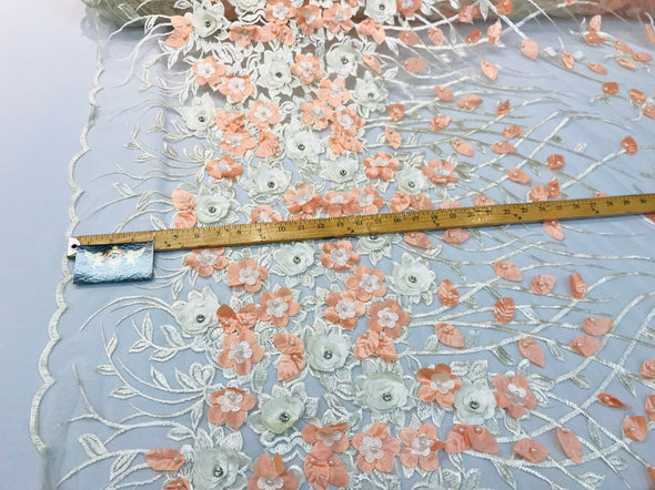 Peach multi color 3d floral design embroidery with rhinestones on a mesh lace-prom-nightgown-sold by the yard-free shipping in the USA.